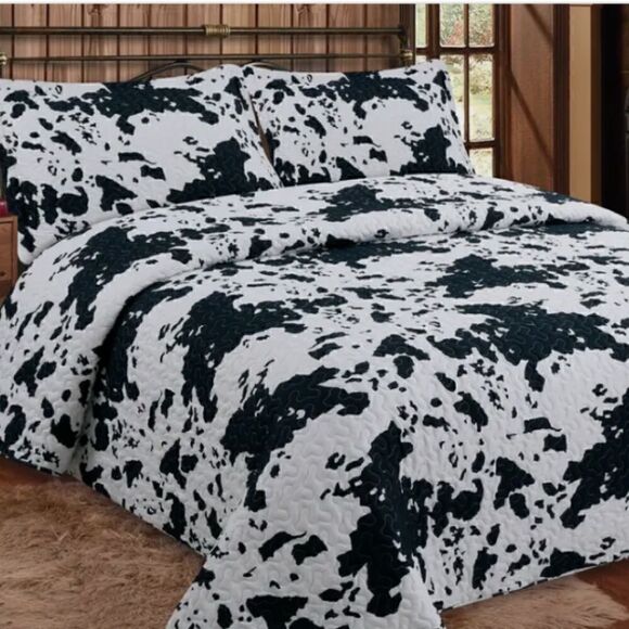 NEW! Trendy Cow Print Quilted QUEEN Size Bedding Set Farmhouse Country - Picture 1 of 2